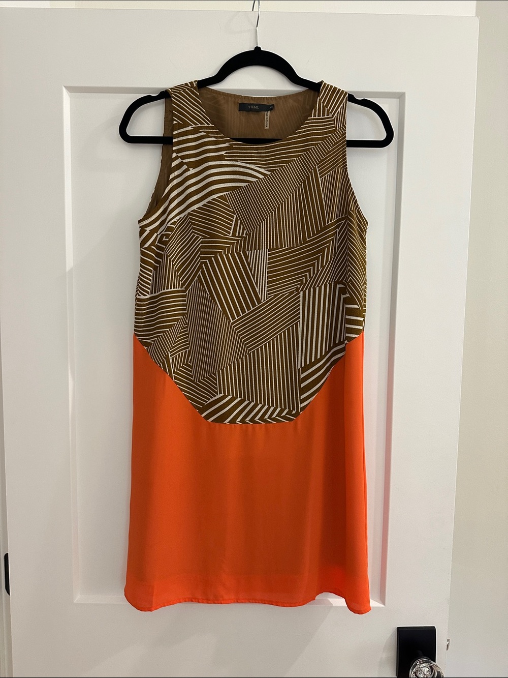 THML Orange Shift Dress with Geometric Brown Print